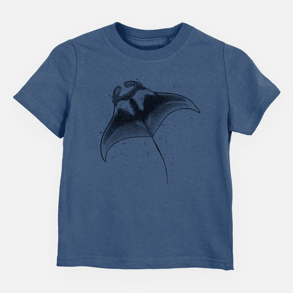 Indigo blue toddler t-shirt laid flat, printed with a black ink illustration of a manta ray gliding.