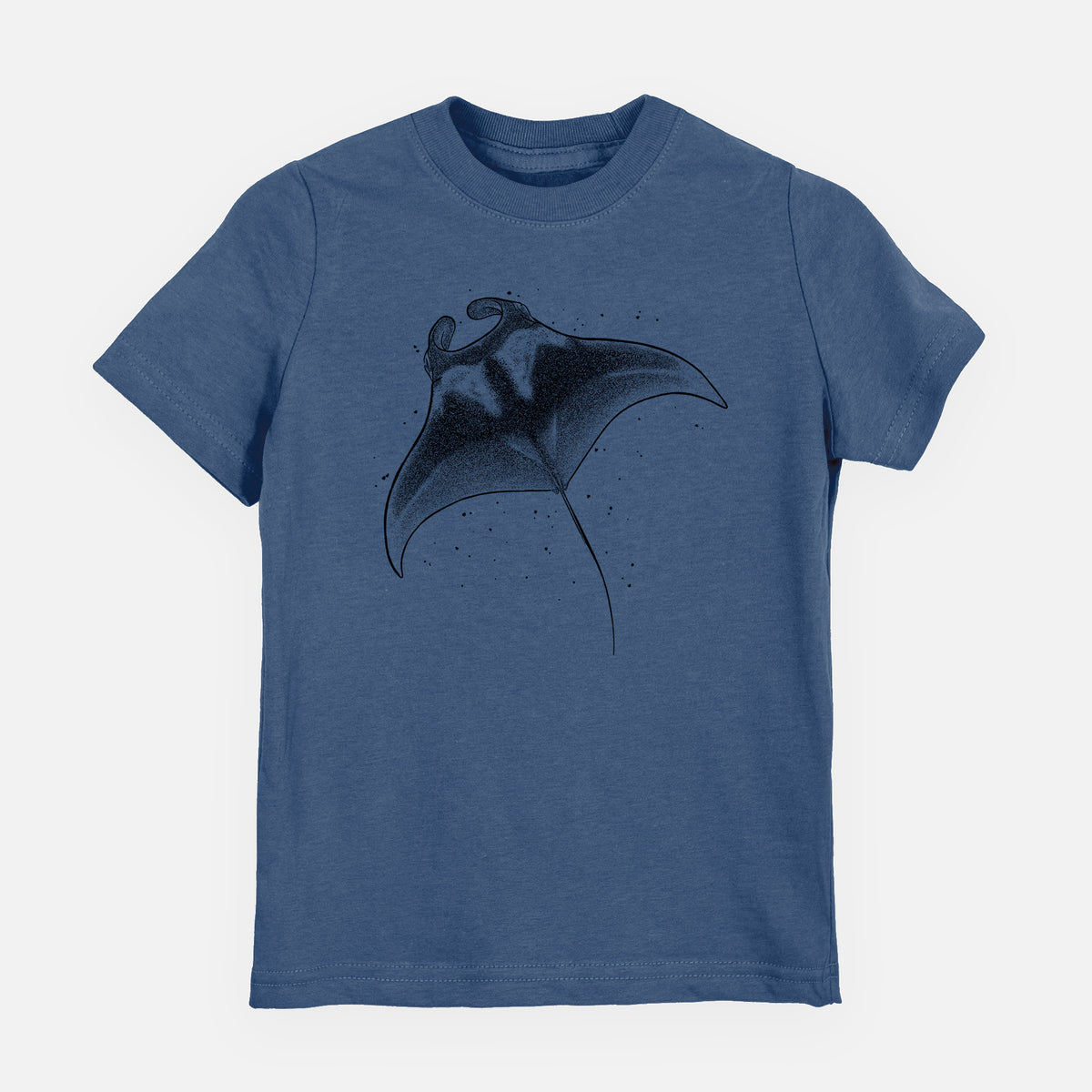 Indigo blue youth t-shirt laid flat, printed with a black ink illustration of a manta ray gliding.