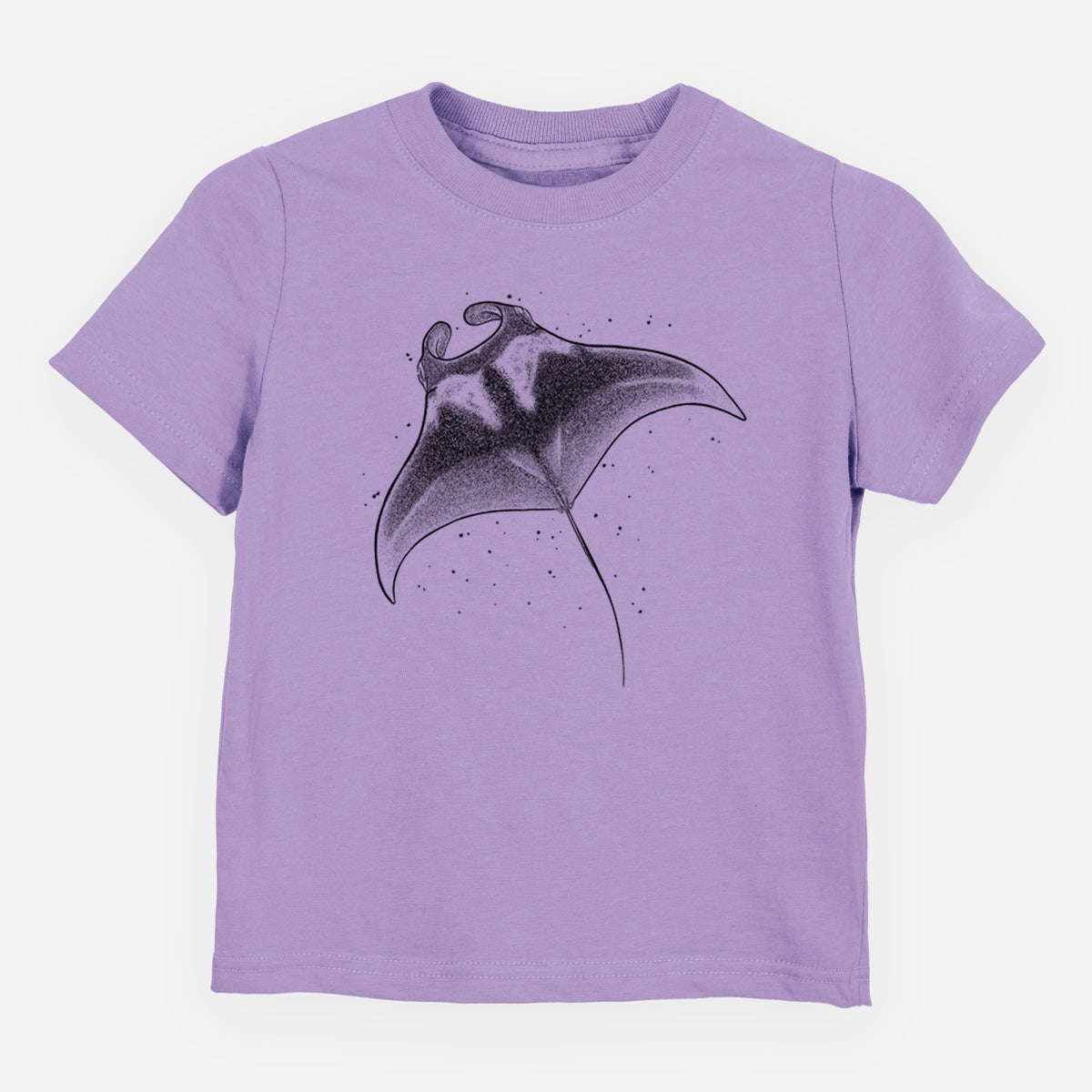 Lavender toddler t-shirt laid flat, printed with a black ink illustration of a manta ray gliding.