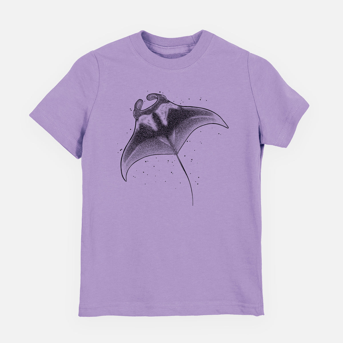 Lavender youth t-shirt laid flat, printed with a black ink illustration of a manta ray gliding.
