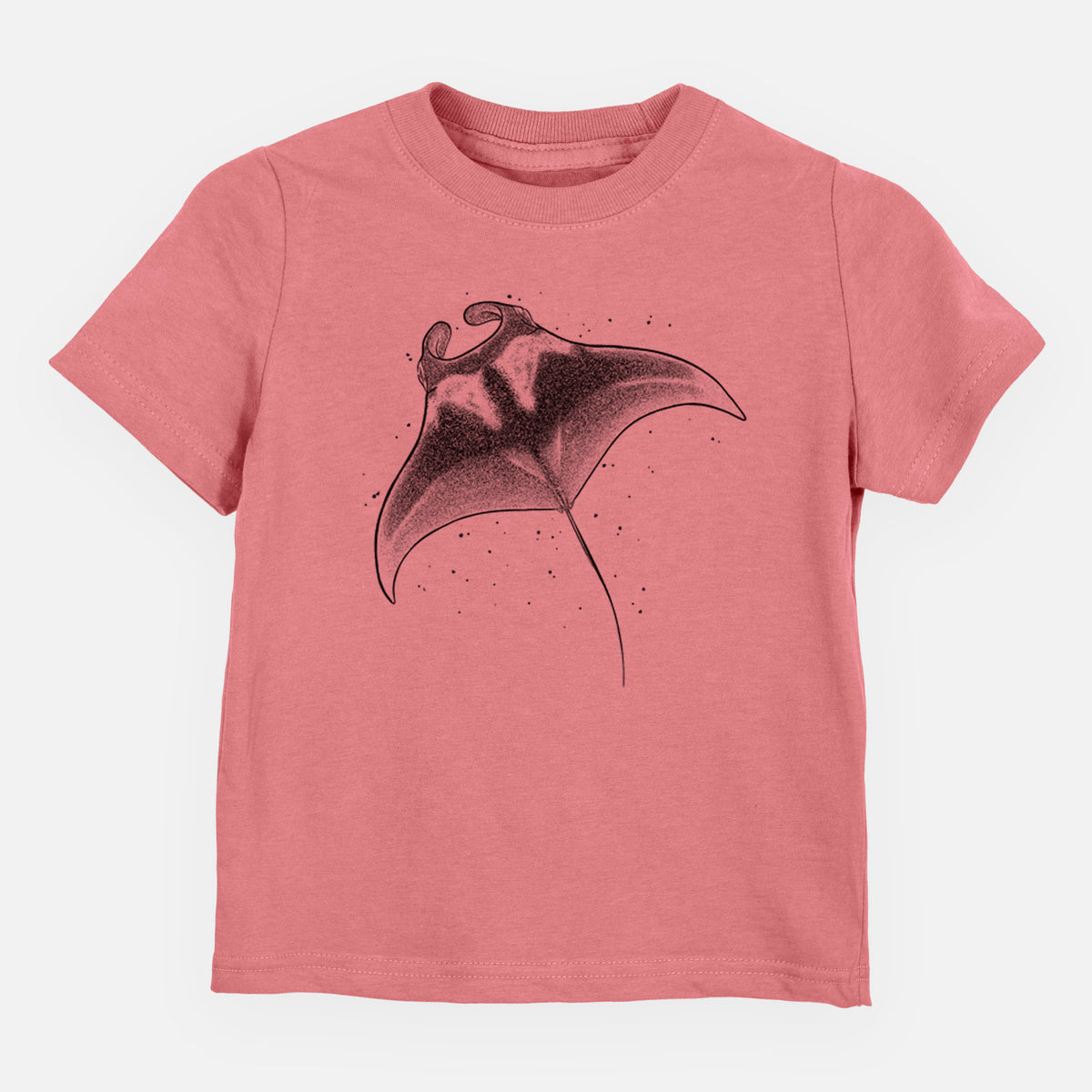 Mauve pink toddler t-shirt laid flat, printed with a black ink illustration of a manta ray gliding.