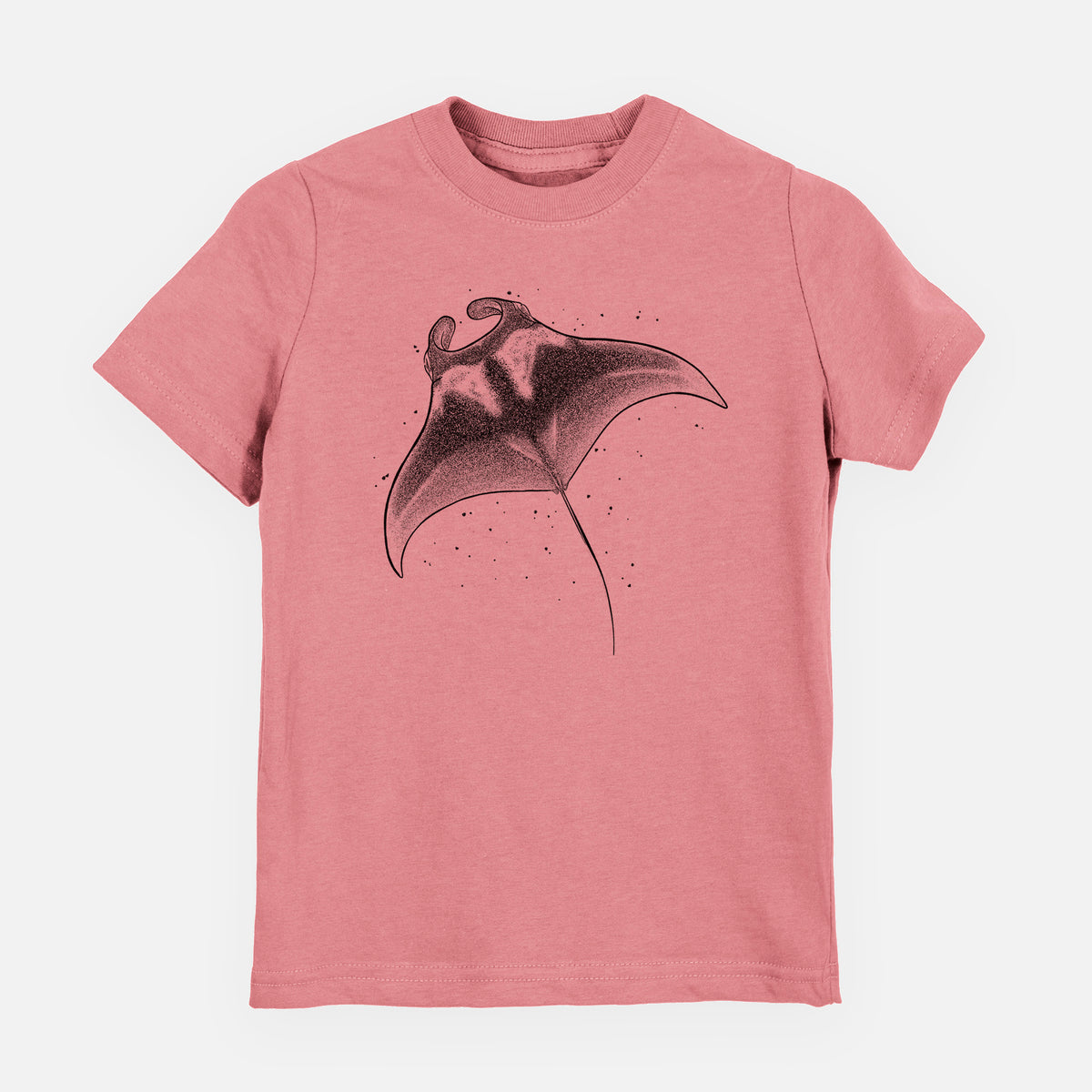 Mauve pink youth t-shirt laid flat, printed with a black ink illustration of a manta ray gliding.