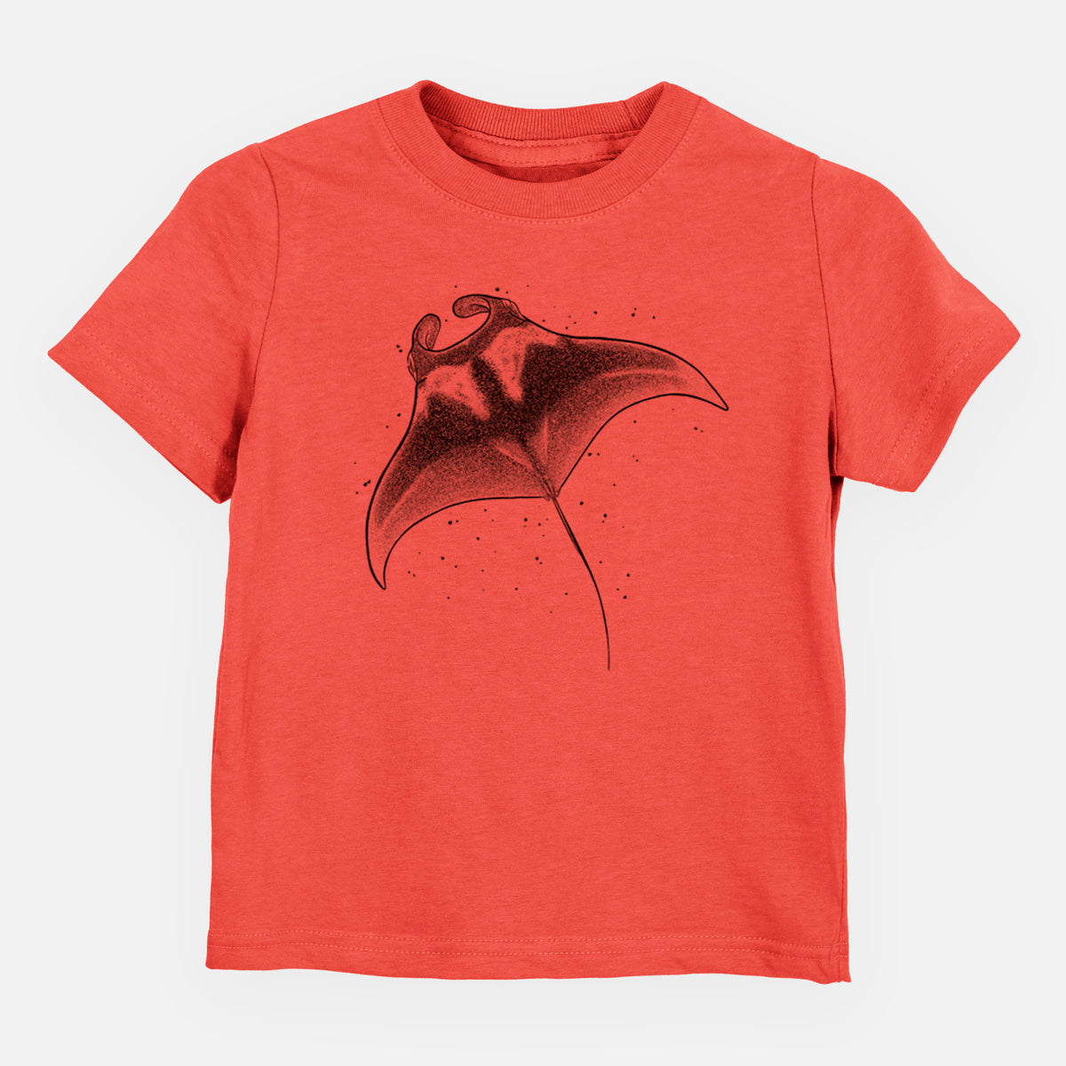 Passionfruit pink toddler t-shirt laid flat, printed with a black ink illustration of a manta ray gliding.