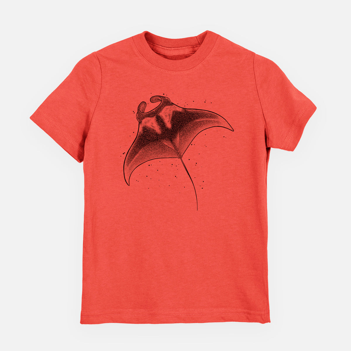 Passionfruit pink youth t-shirt laid flat, printed with a black ink illustration of a manta ray gliding.