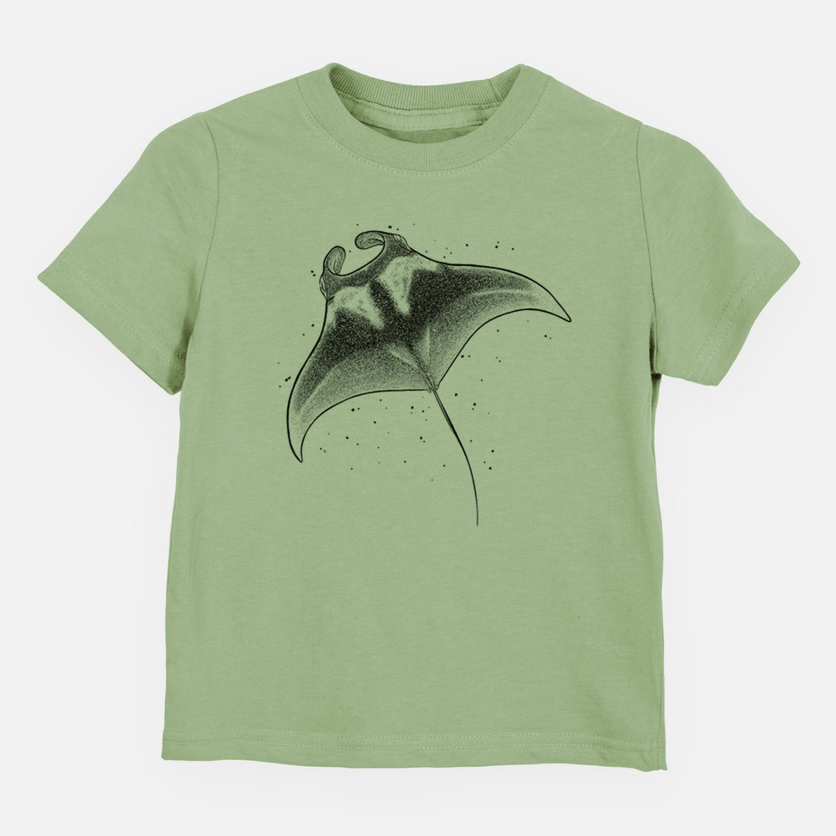 Sage green toddler t-shirt laid flat, printed with a black ink illustration of a manta ray gliding.