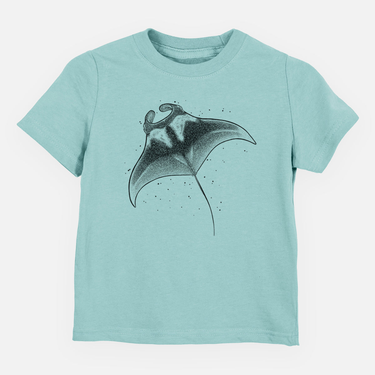 Saltwater toddler t-shirt laid flat, printed with a black ink illustration of a manta ray gliding.