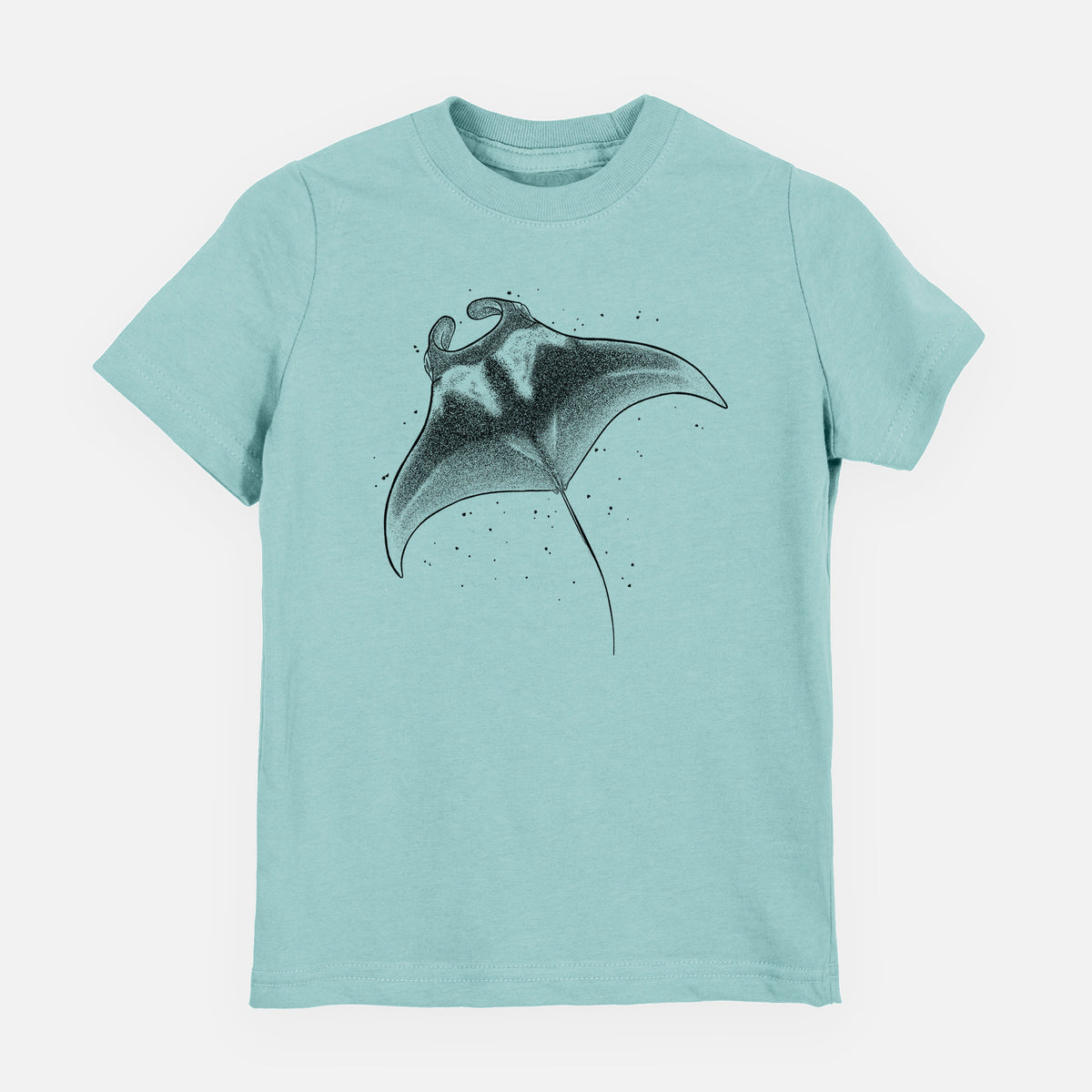 Saltwater youth t-shirt laid flat, printed with a black ink illustration of a manta ray gliding.