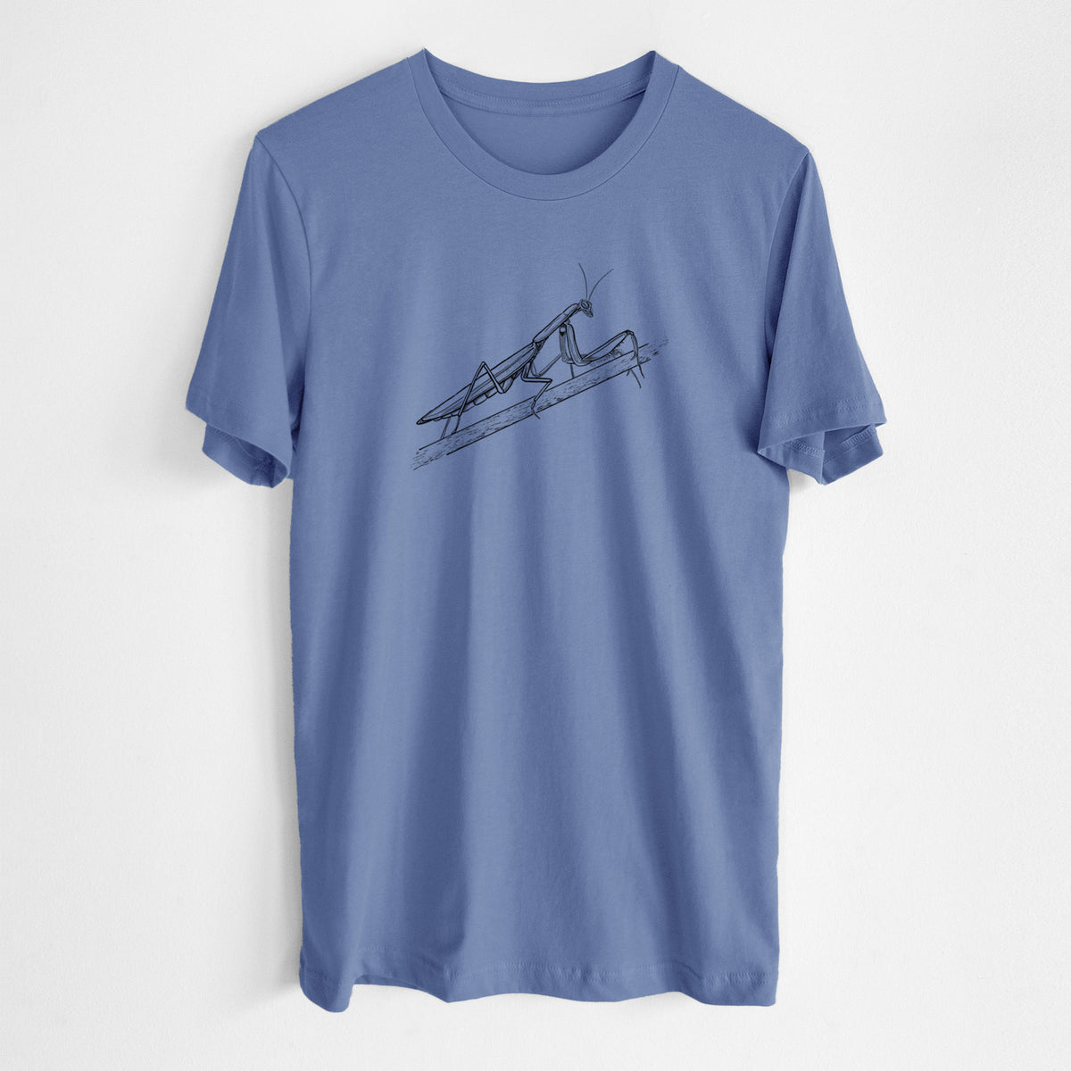 Blue bell lightweight cotton t-shirt laid flat, printed with a detailed black ink illustration of a praying mantis on a stem.