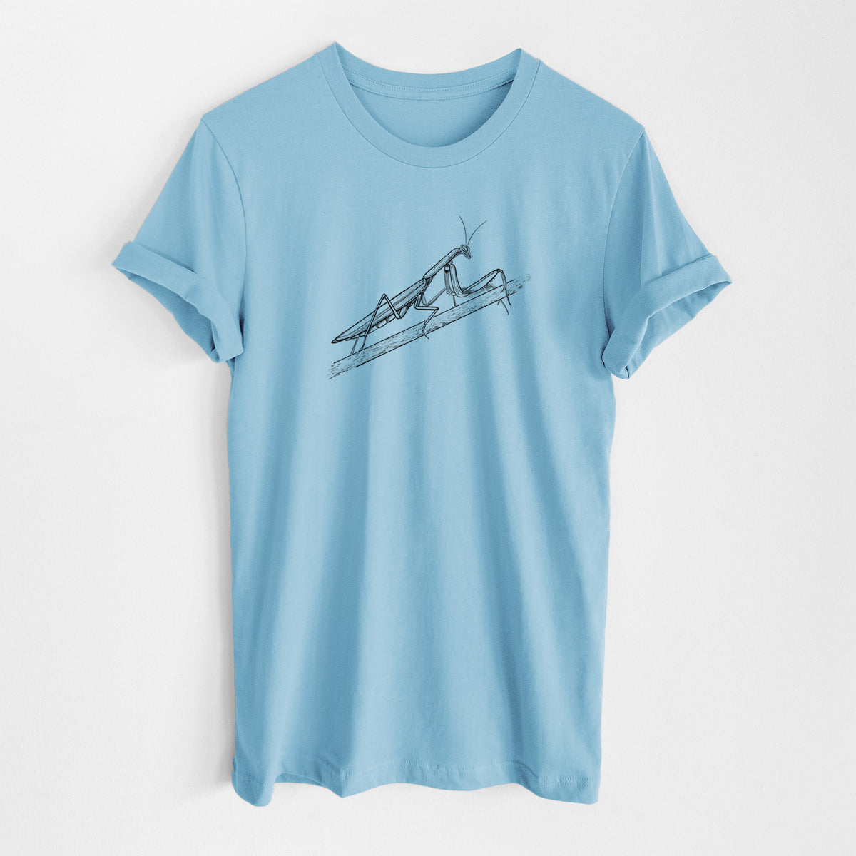 Ocean blue lightweight cotton t-shirt laid flat, printed with a detailed black ink illustration of a praying mantis on a stem.
