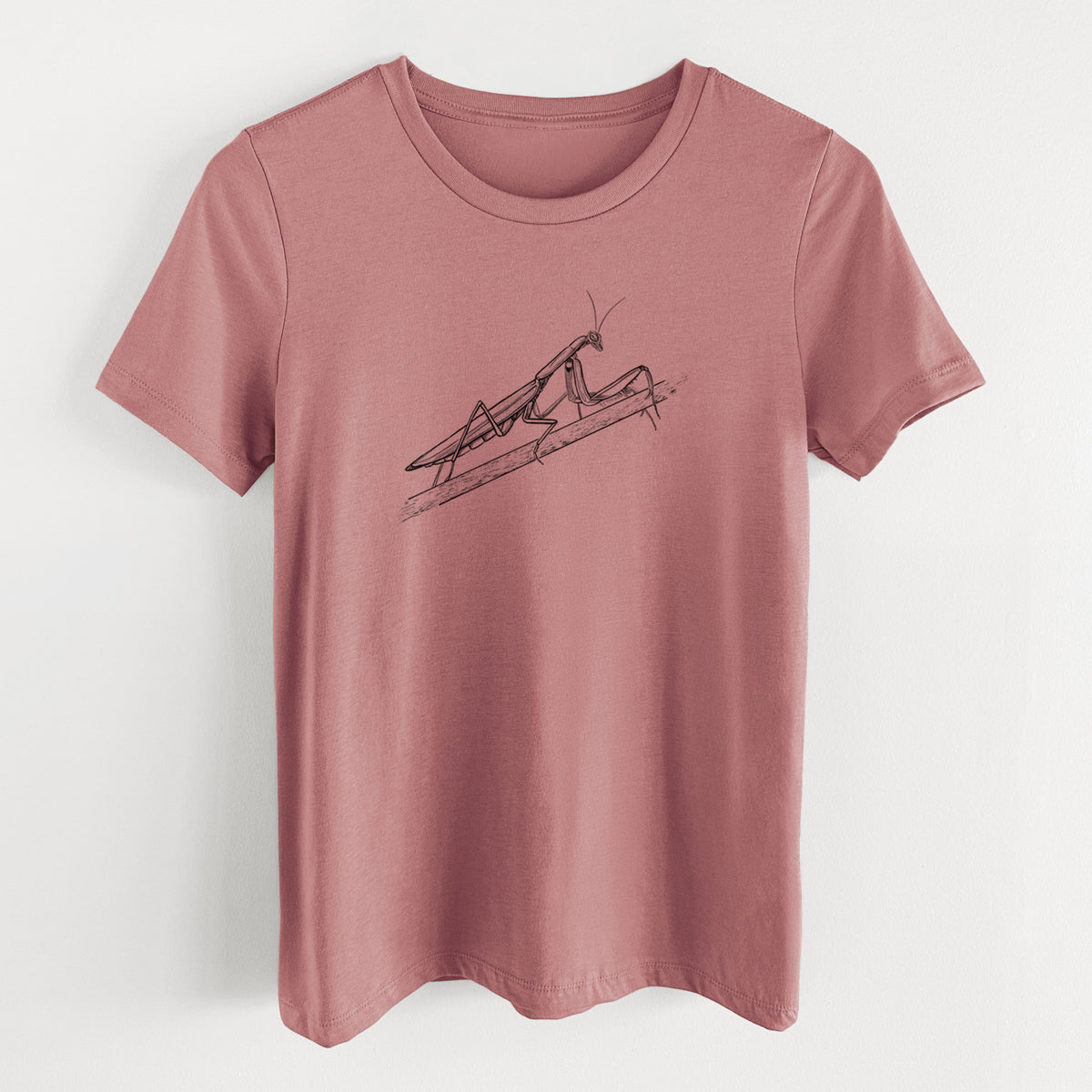Mauve pink women's relaxed fit cotton t-shirt laid flat, printed with a detailed black ink illustration of a praying mantis on a stem.