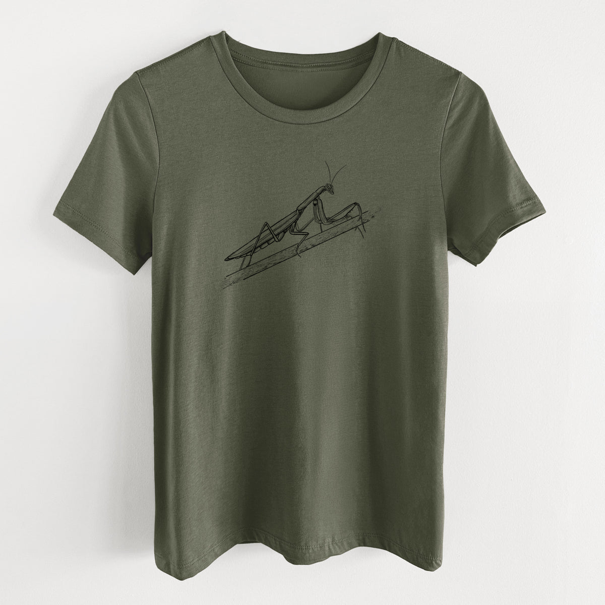 Military green women's relaxed fit cotton t-shirt laid flat, printed with a detailed black ink illustration of a praying mantis on a stem.