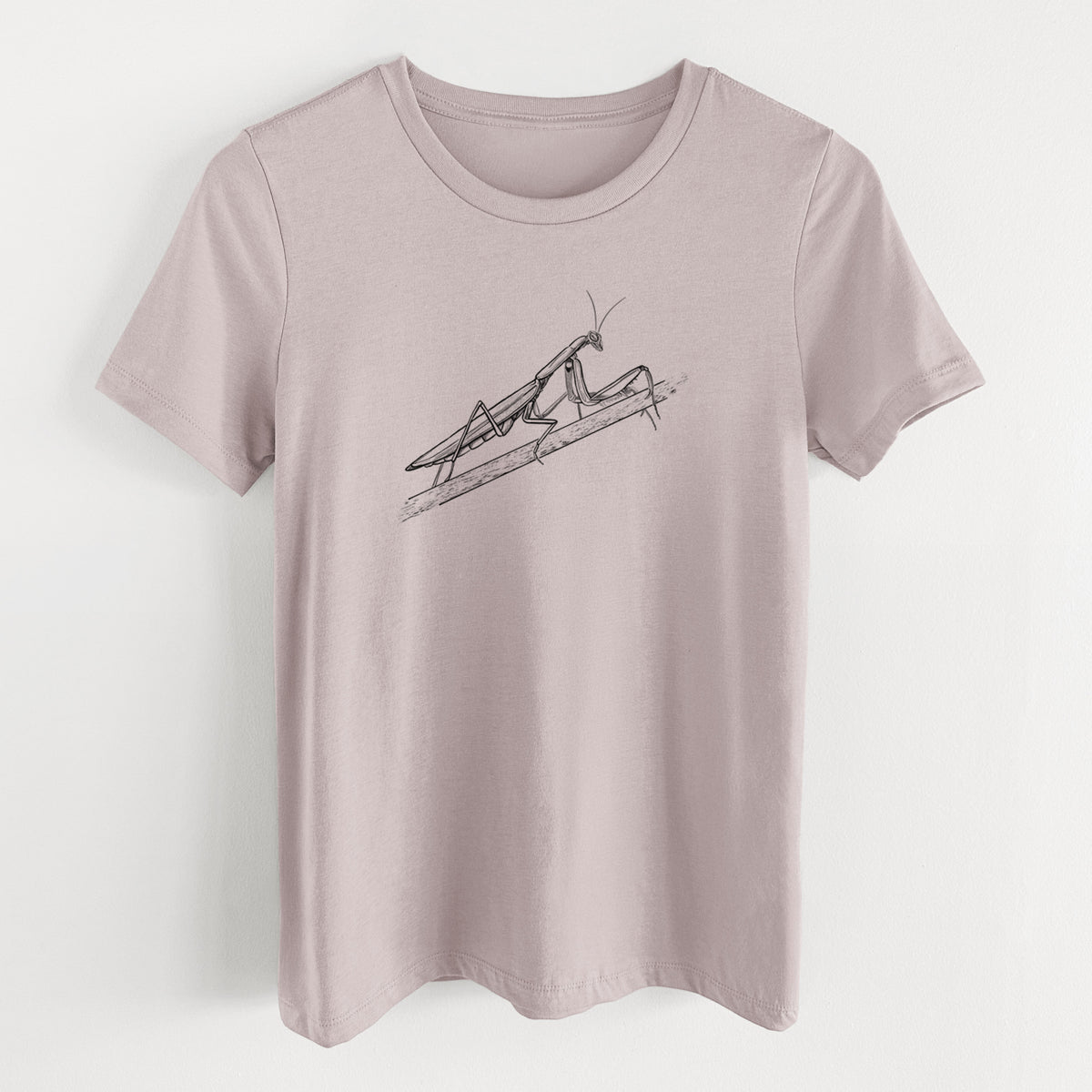 Pink gravel women's relaxed fit cotton t-shirt laid flat, printed with a detailed black ink illustration of a praying mantis on a stem.