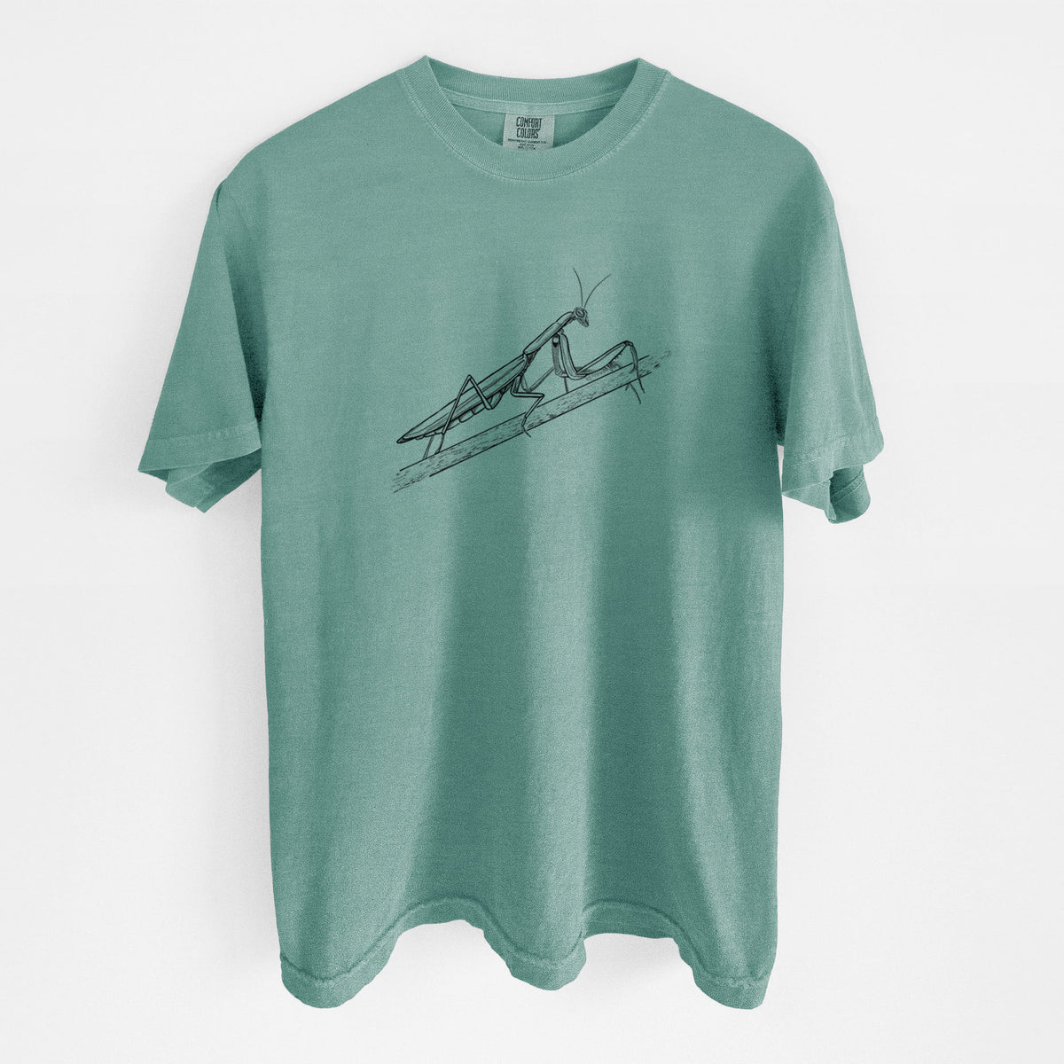 Reef green Comfort Colors t-shirt laid flat, printed with a detailed black ink illustration of a praying mantis on a stem.