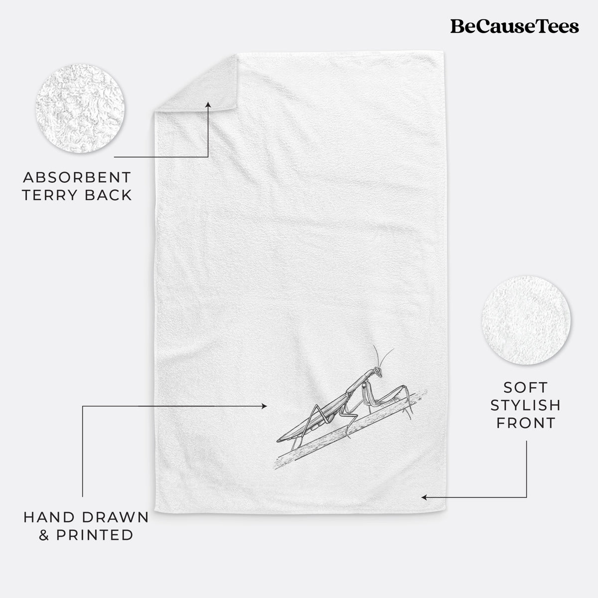 White hand towel printed with a detailed black ink illustration of a praying mantis on a stem.