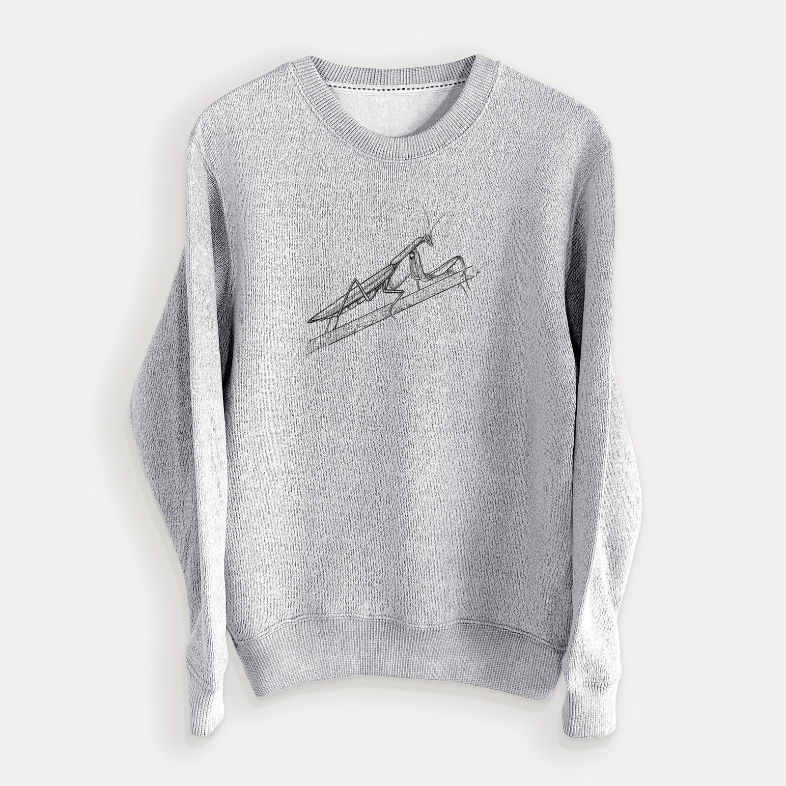Salt and pepper knit sweatshirt laid flat, printed with a detailed black ink illustration of a praying mantis on a stem.