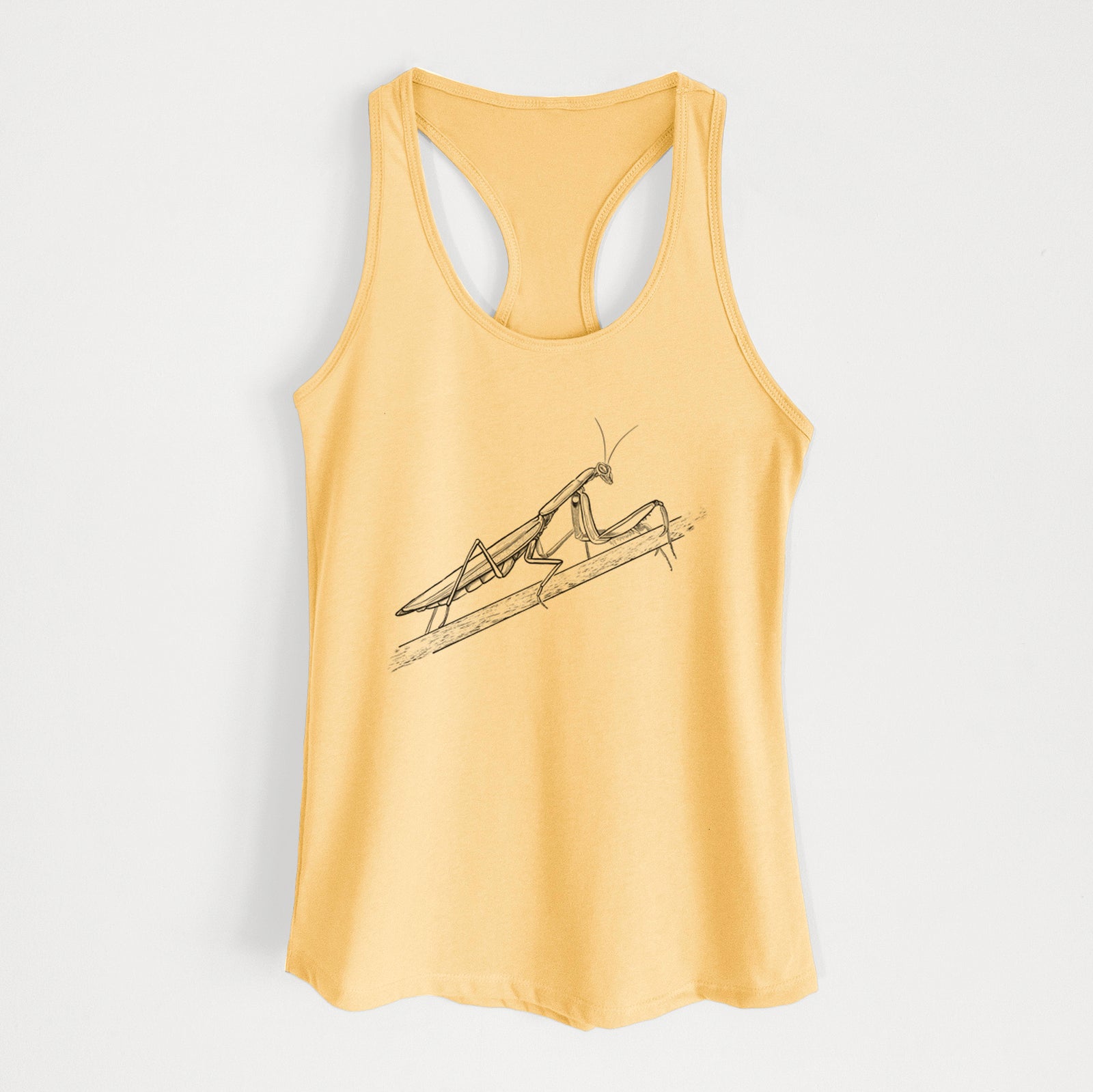 Banana cream women's racerback tank top laid flat, printed with a detailed black ink illustration of a praying mantis on a stem.