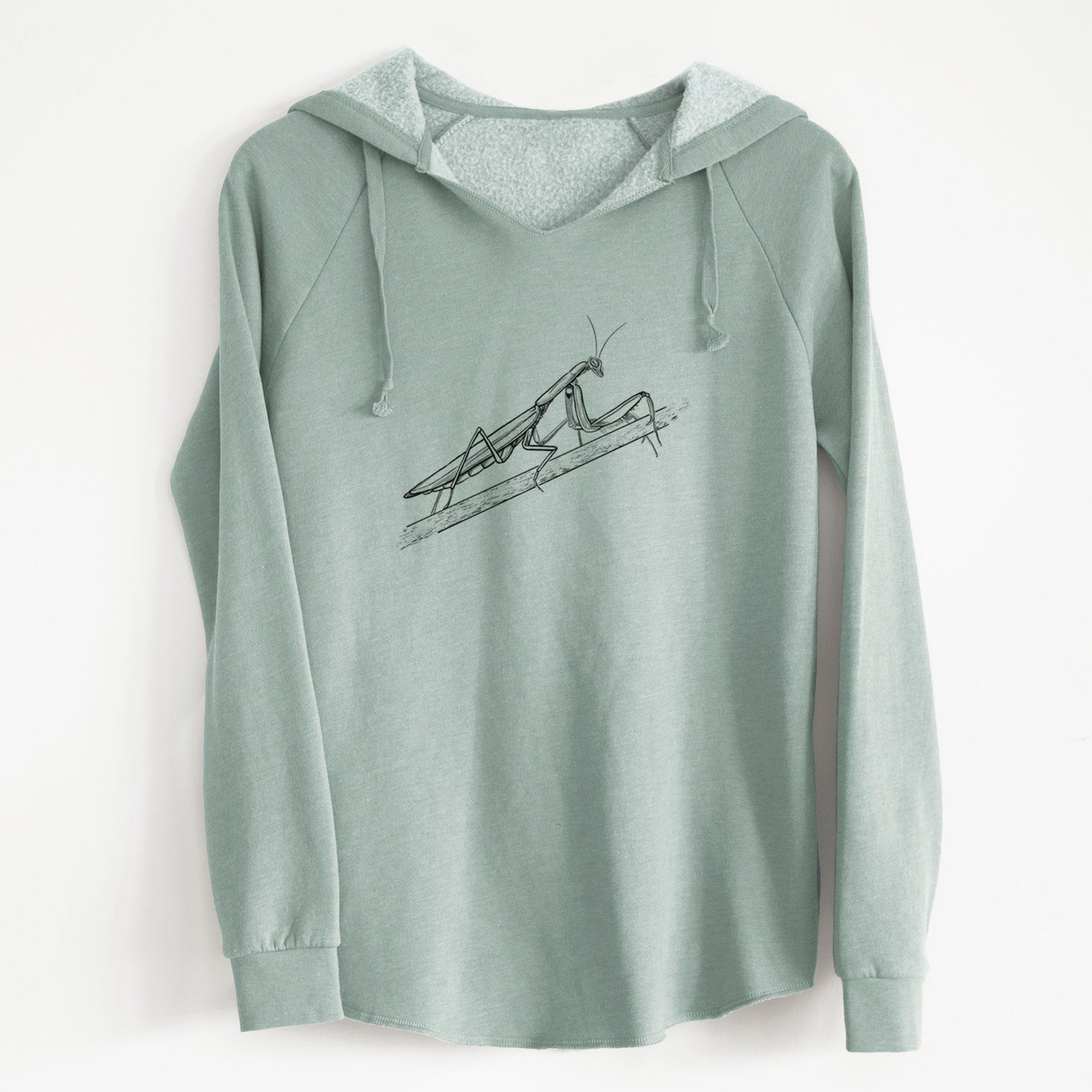 Sage green women's Cali Wave hooded sweatshirt laid flat, printed with a detailed black ink illustration of a praying mantis on a stem.