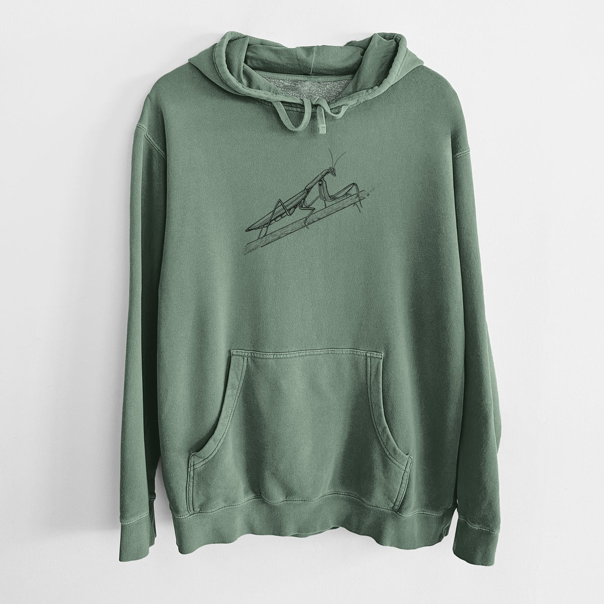 Alpine green pigment dyed hoodie laid flat, printed with a detailed black ink illustration of a praying mantis on a stem.