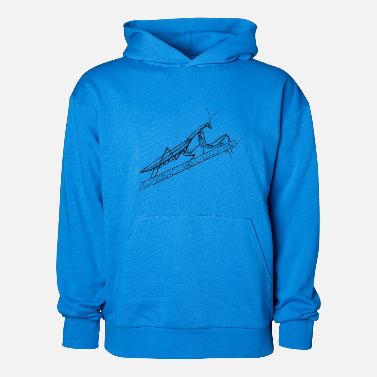 European Mantis - Mantis religiosa - Statement Midweight Hoodie in Azure Blue, shown from the front with the design printed on the chest above a front kangaroo pocket.