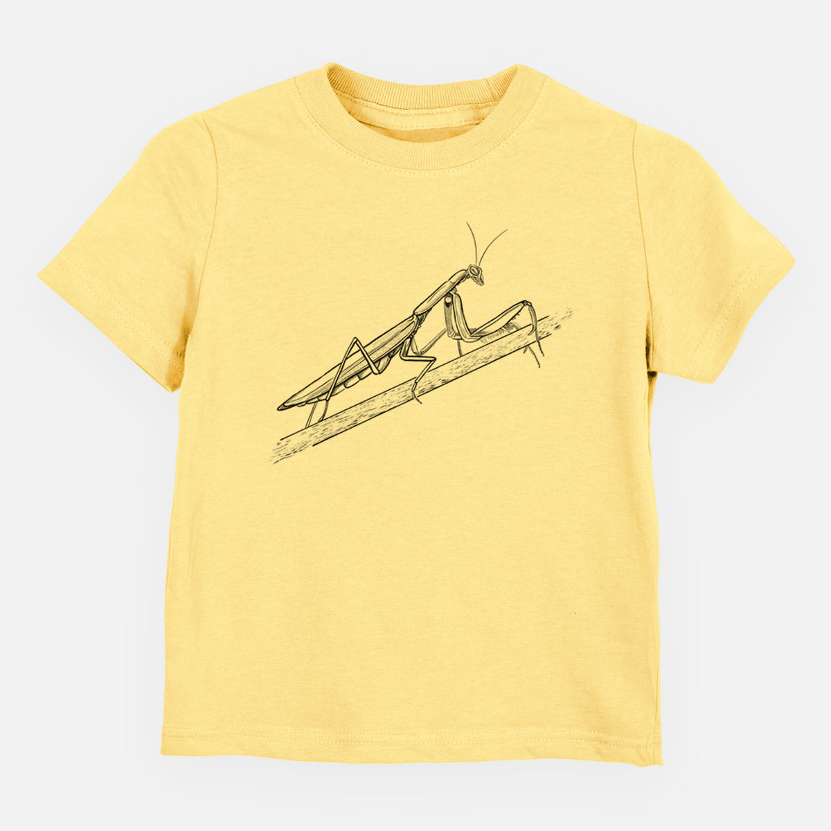 Butter yellow toddler t-shirt laid flat, printed with a detailed black ink illustration of a praying mantis on a stem.