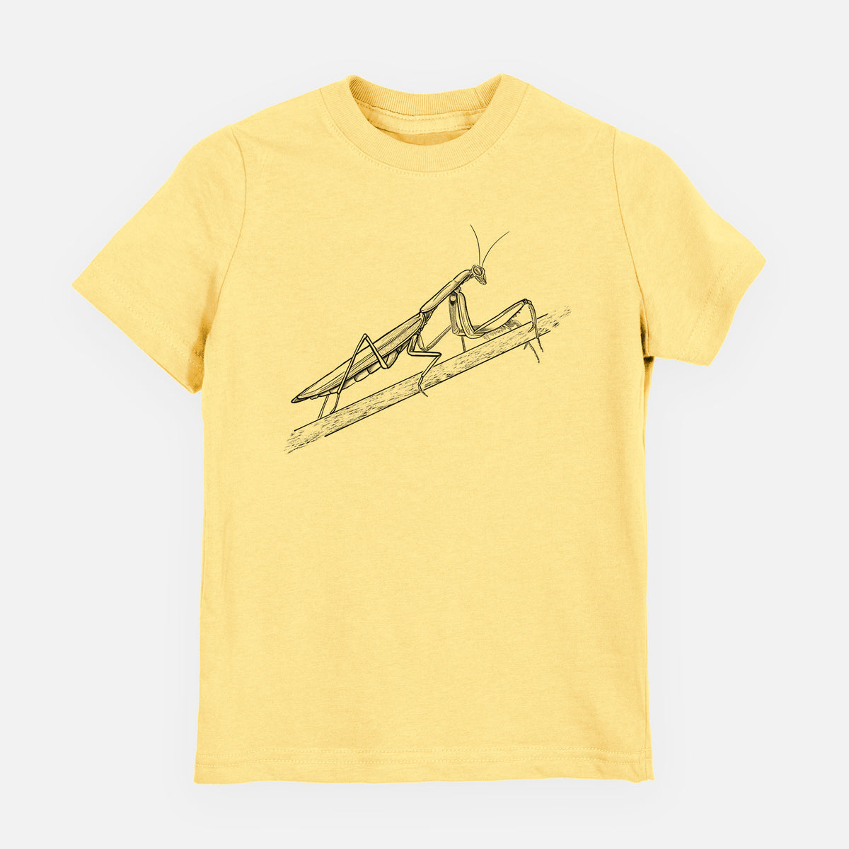 Butter yellow youth t-shirt laid flat, printed with a detailed black ink illustration of a praying mantis on a stem.