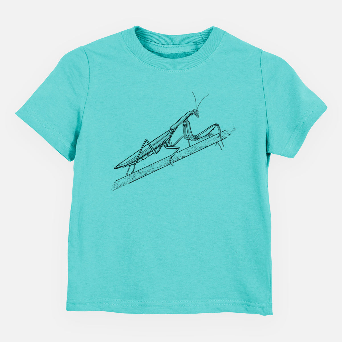 Caribbean blue toddler t-shirt laid flat, printed with a detailed black ink illustration of a praying mantis on a stem.