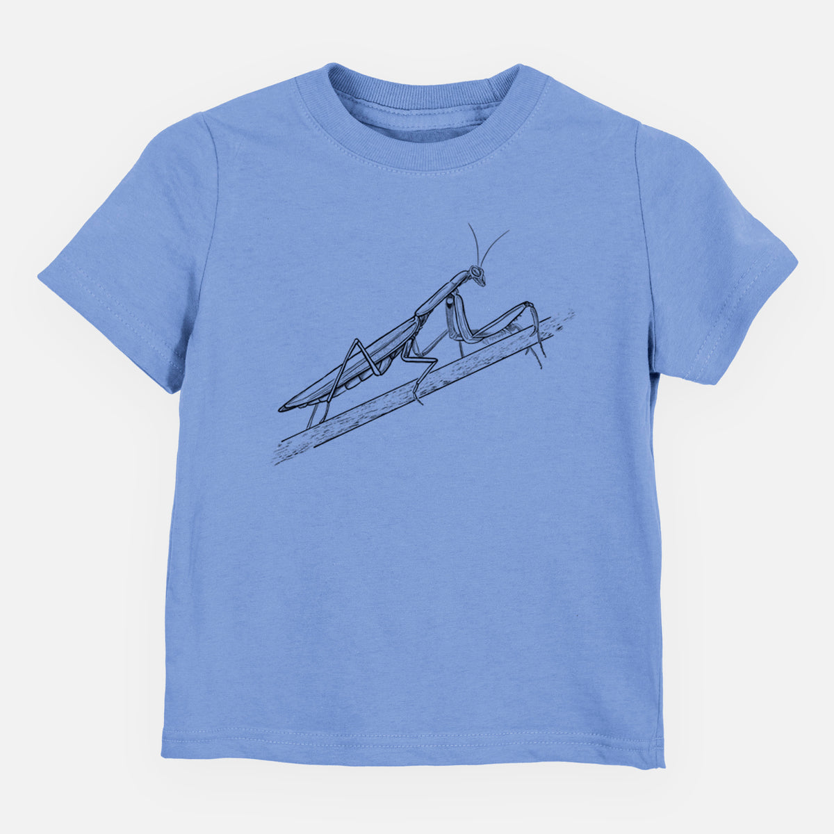 Carolina blue toddler t-shirt laid flat, printed with a detailed black ink illustration of a praying mantis on a stem.