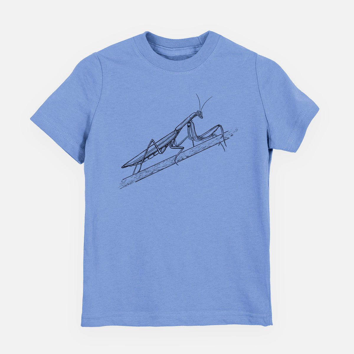 Carolina blue youth t-shirt laid flat, printed with a detailed black ink illustration of a praying mantis on a stem.