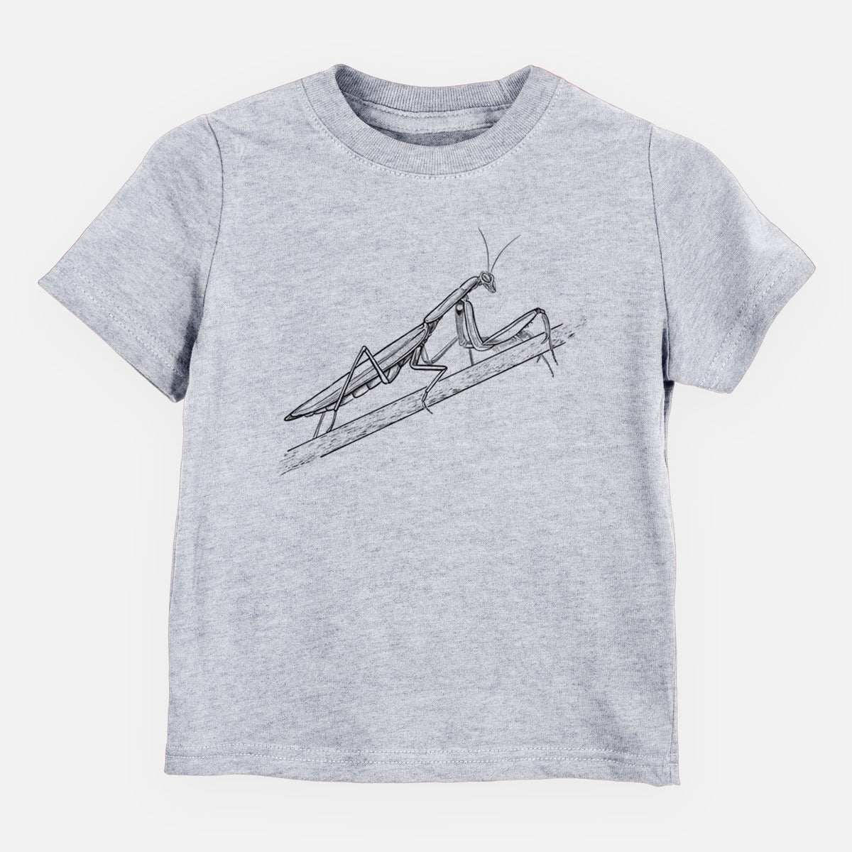 Heather grey toddler t-shirt laid flat, printed with a detailed black ink illustration of a praying mantis on a stem.