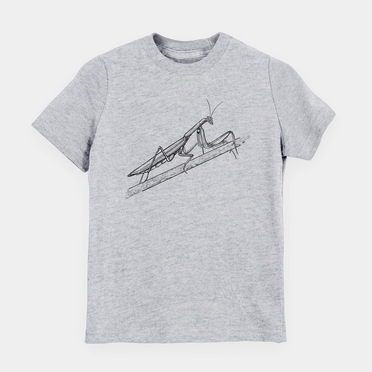 Heather grey youth t-shirt laid flat, printed with a detailed black ink illustration of a praying mantis on a stem.