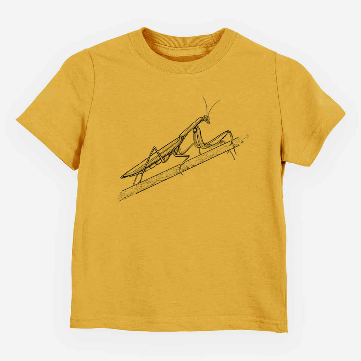 Honeycomb yellow toddler t-shirt laid flat, printed with a detailed black ink illustration of a praying mantis on a stem.