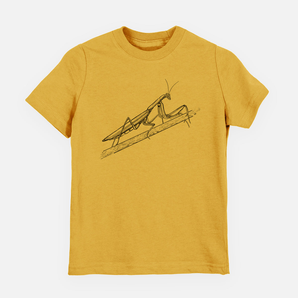 Honeycomb yellow youth t-shirt laid flat, printed with a detailed black ink illustration of a praying mantis on a stem.