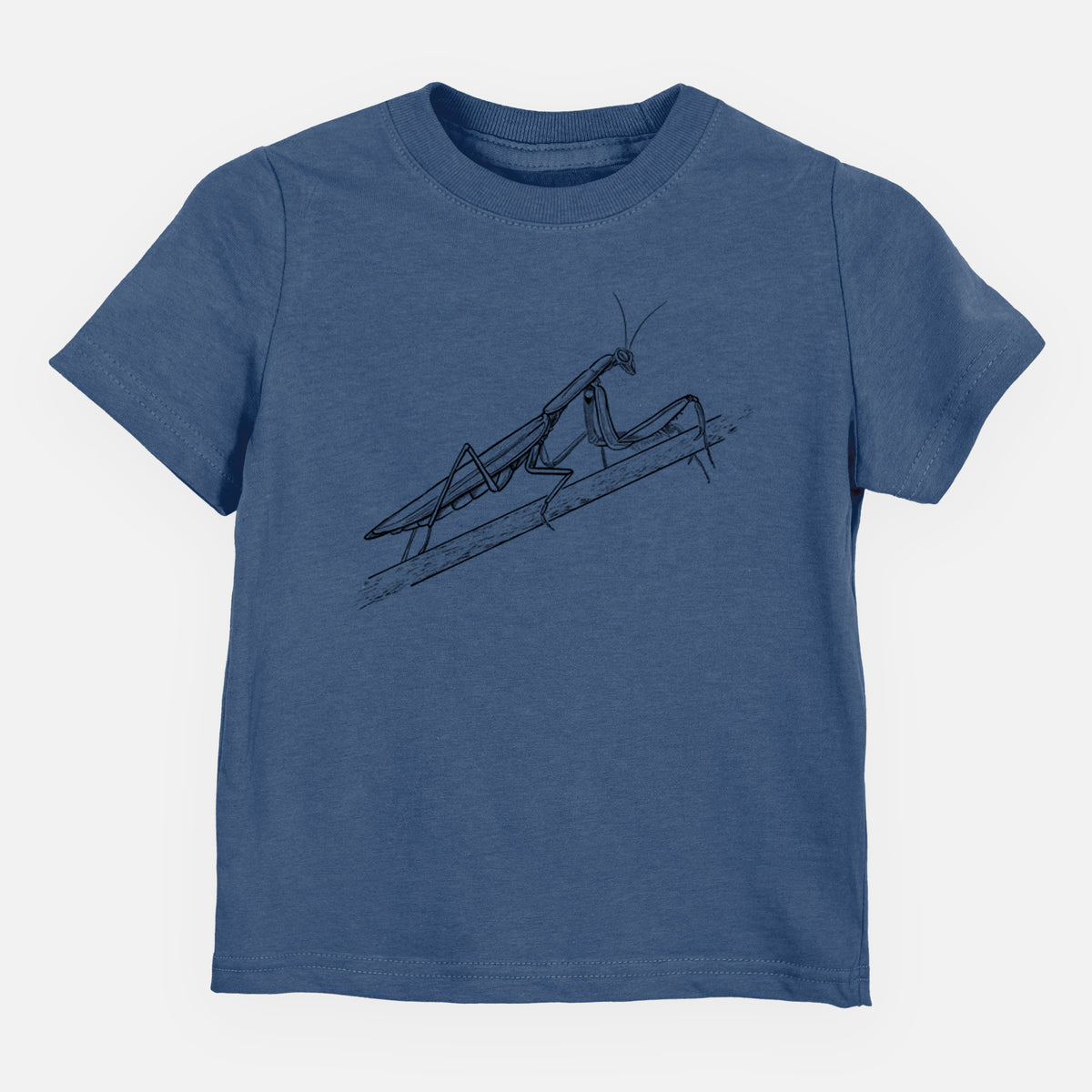 Indigo blue toddler t-shirt laid flat, printed with a detailed black ink illustration of a praying mantis on a stem.
