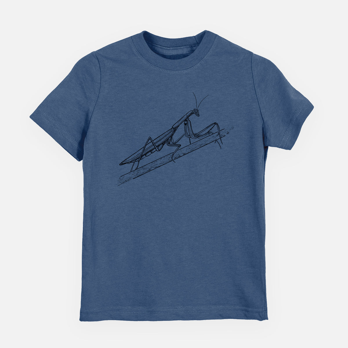 Indigo blue youth t-shirt laid flat, printed with a detailed black ink illustration of a praying mantis on a stem.