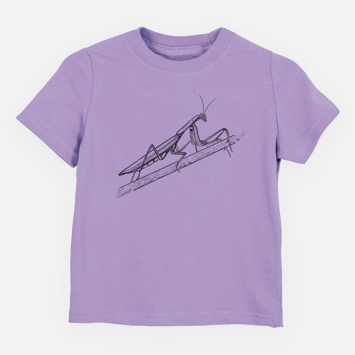 Lavender toddler t-shirt laid flat, printed with a detailed black ink illustration of a praying mantis on a stem.