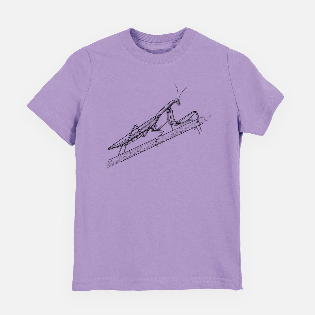 Lavender youth t-shirt laid flat, printed with a detailed black ink illustration of a praying mantis on a stem.