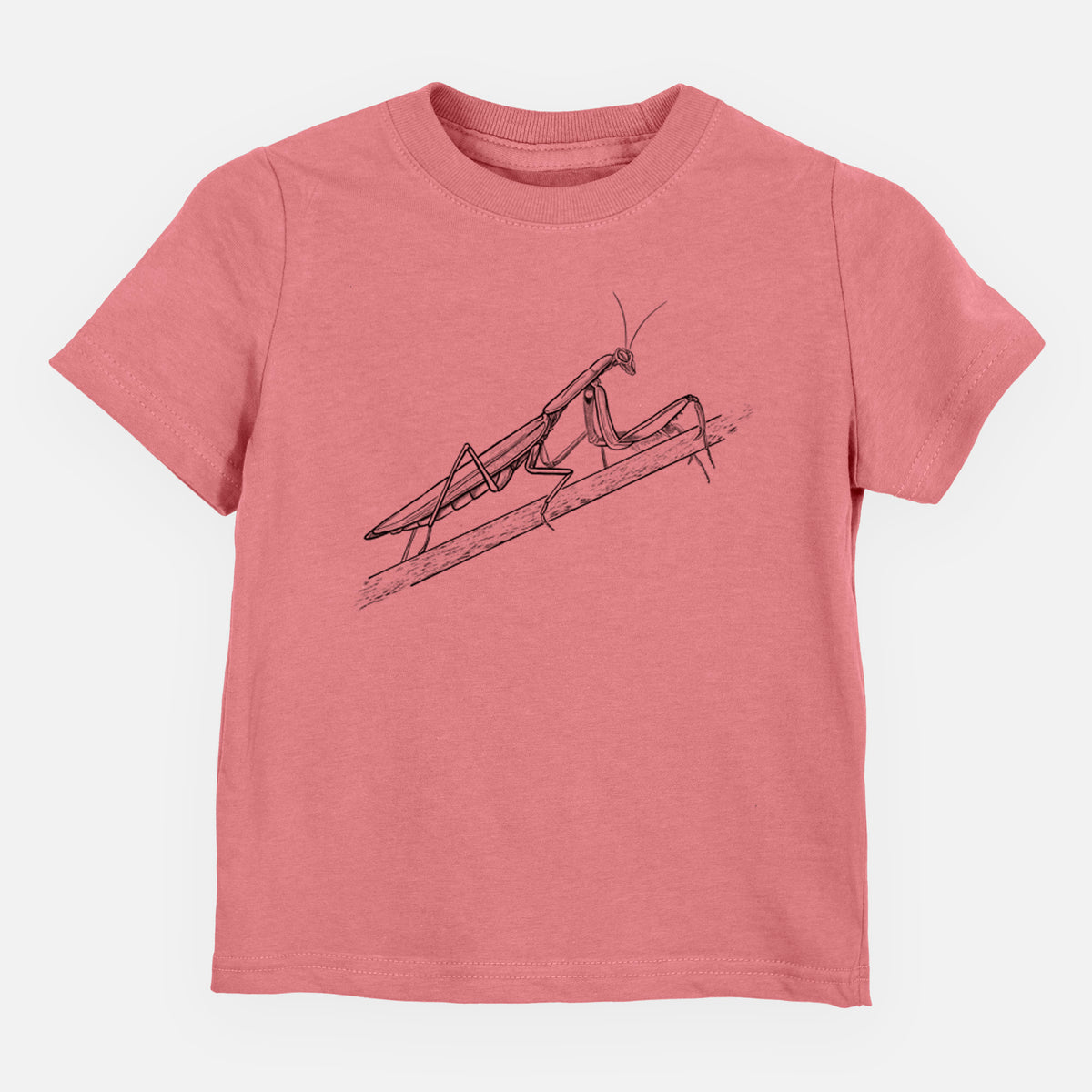 Mauve pink toddler t-shirt laid flat, printed with a detailed black ink illustration of a praying mantis on a stem.