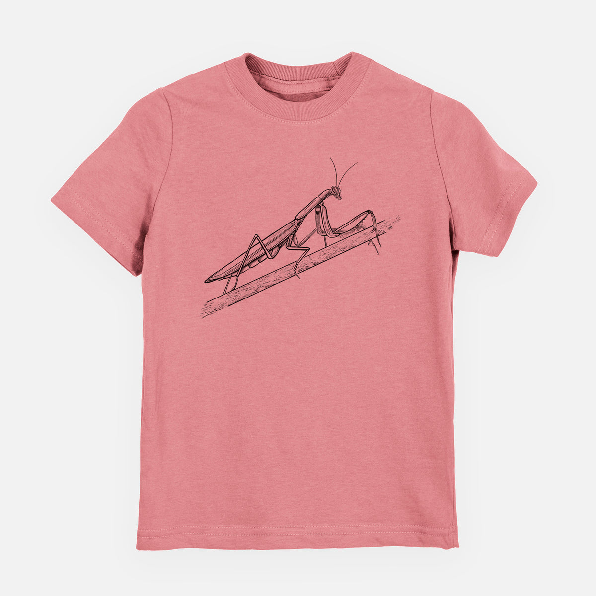 Mauve pink youth t-shirt laid flat, printed with a detailed black ink illustration of a praying mantis on a stem.