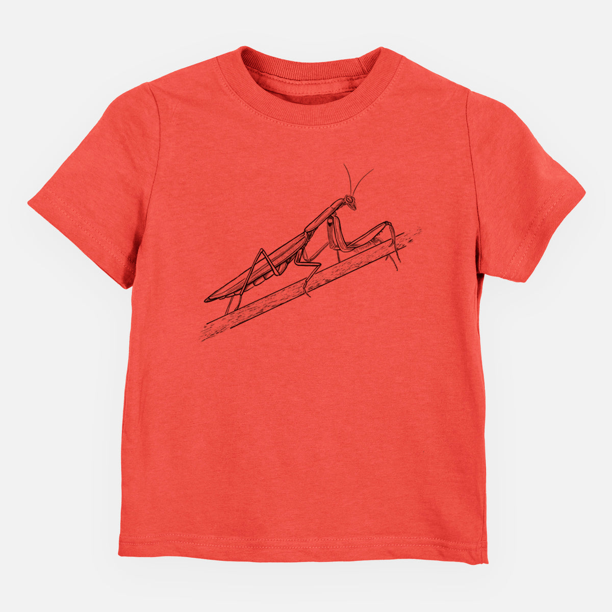 Passionfruit pink toddler t-shirt laid flat, printed with a detailed black ink illustration of a praying mantis on a stem.