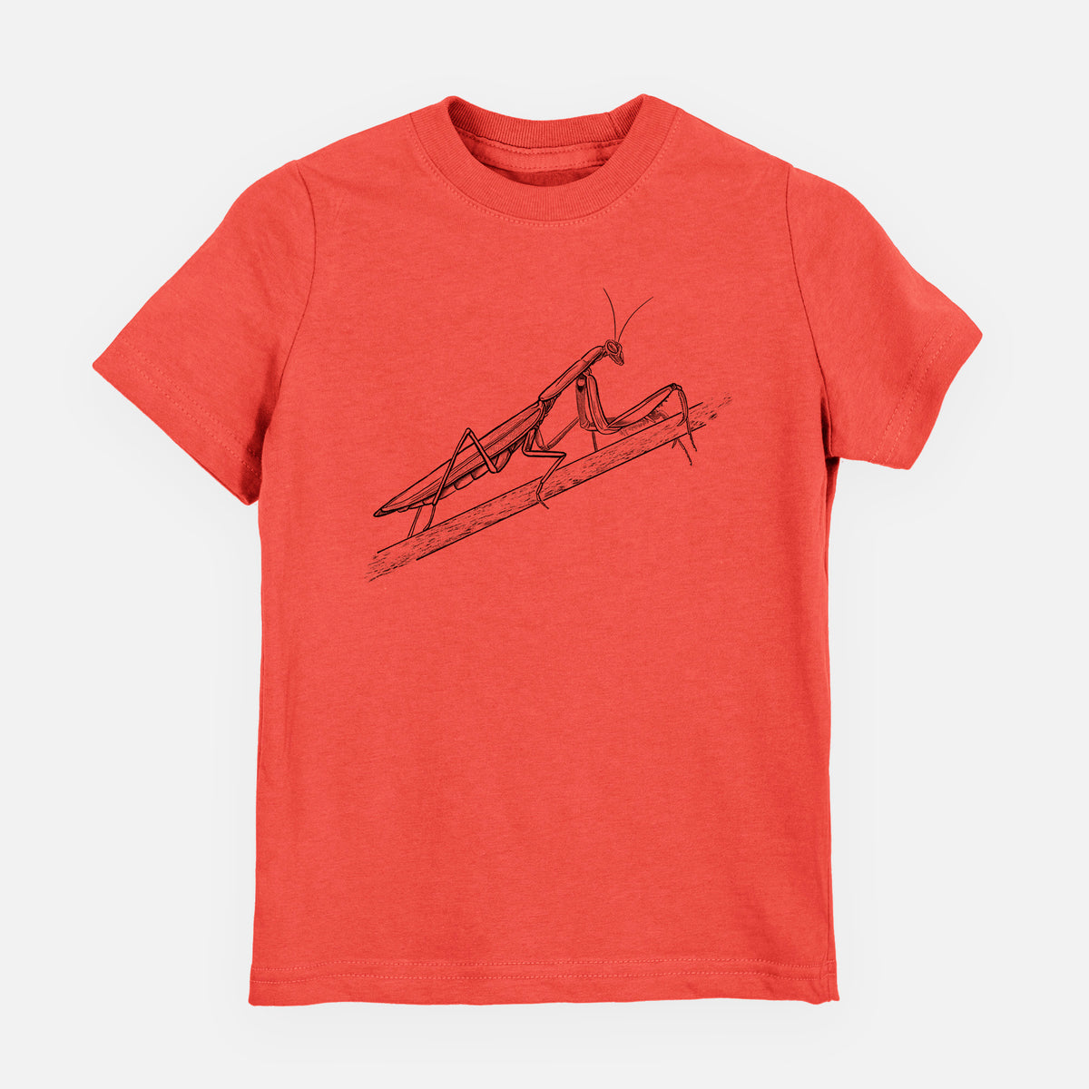 Passionfruit pink youth t-shirt laid flat, printed with a detailed black ink illustration of a praying mantis on a stem.