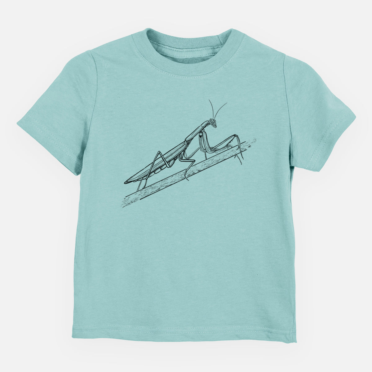 Saltwater toddler t-shirt laid flat, printed with a detailed black ink illustration of a praying mantis on a stem.