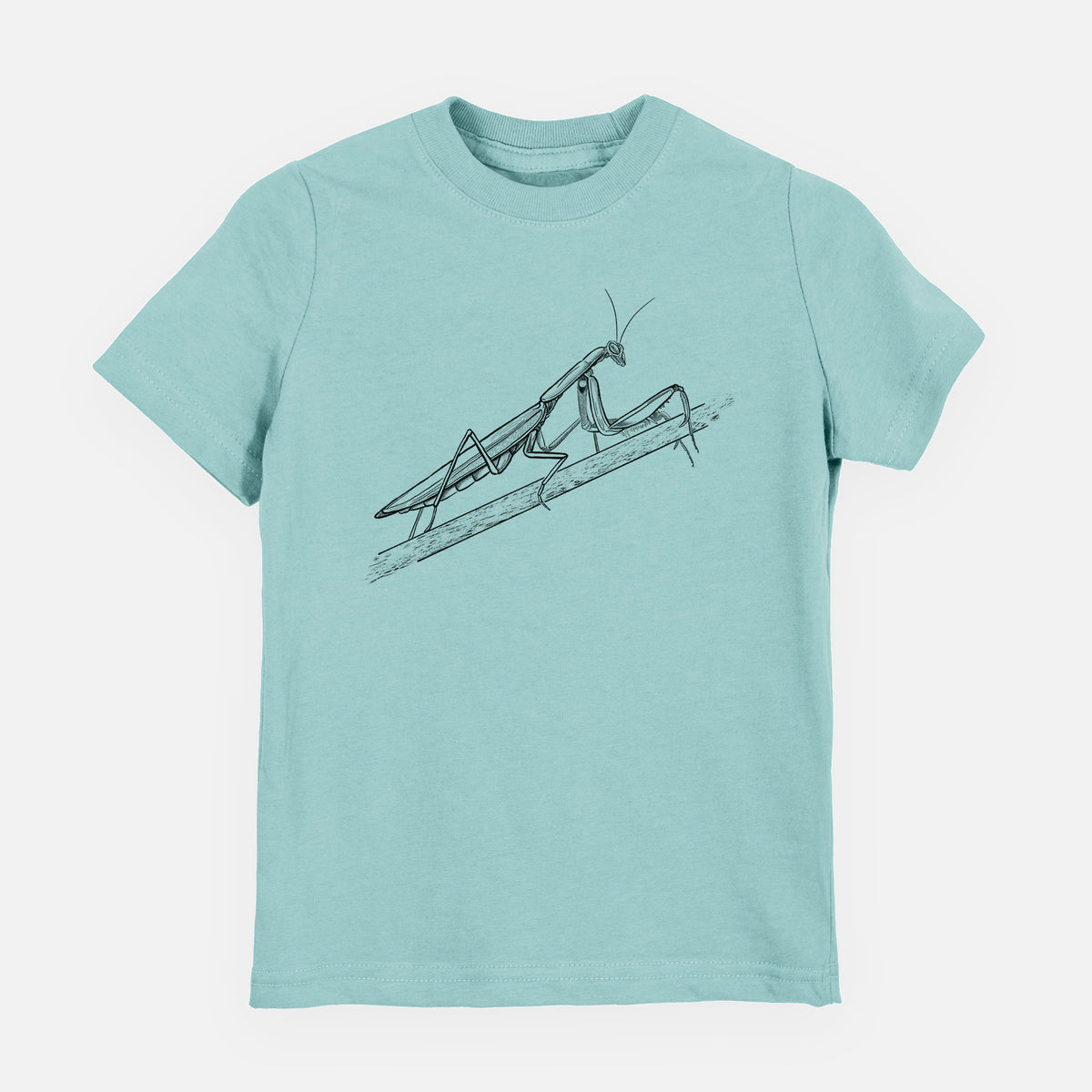 Saltwater youth t-shirt laid flat, printed with a detailed black ink illustration of a praying mantis on a stem.