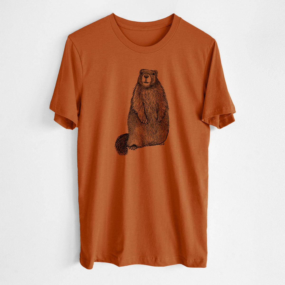 Autumn lightweight cotton t-shirt laid flat, printed with a detailed black ink illustration of a marmot standing upright.