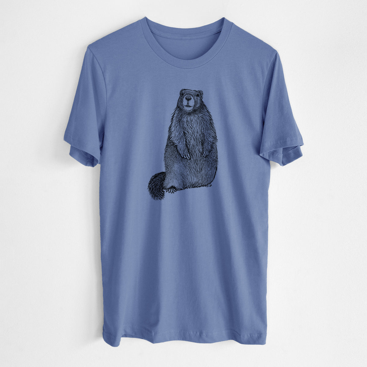 Blue bell lightweight cotton t-shirt laid flat, printed with a detailed black ink illustration of a marmot standing upright.