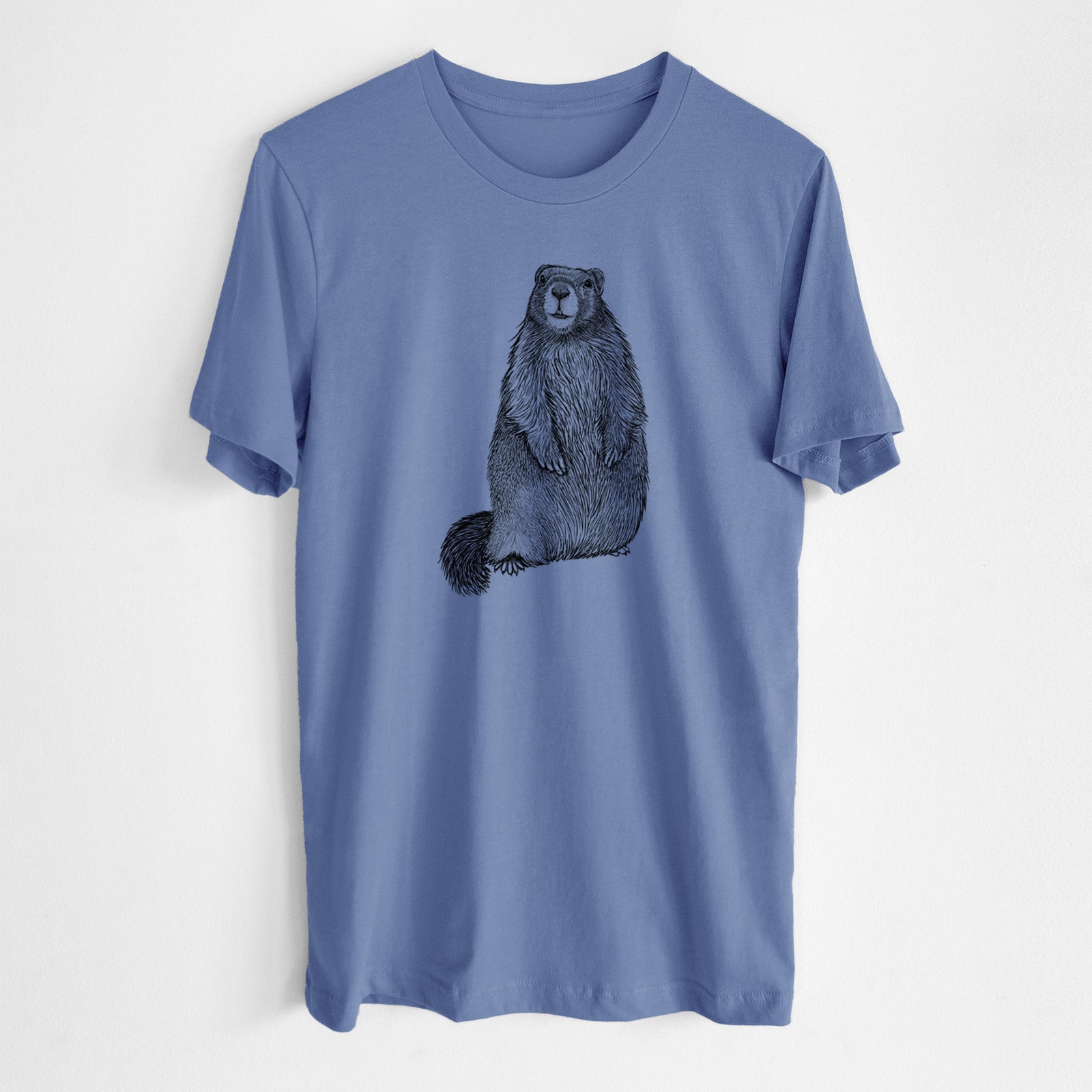 Blue bell lightweight cotton t-shirt laid flat, printed with a detailed black ink illustration of a marmot standing upright.