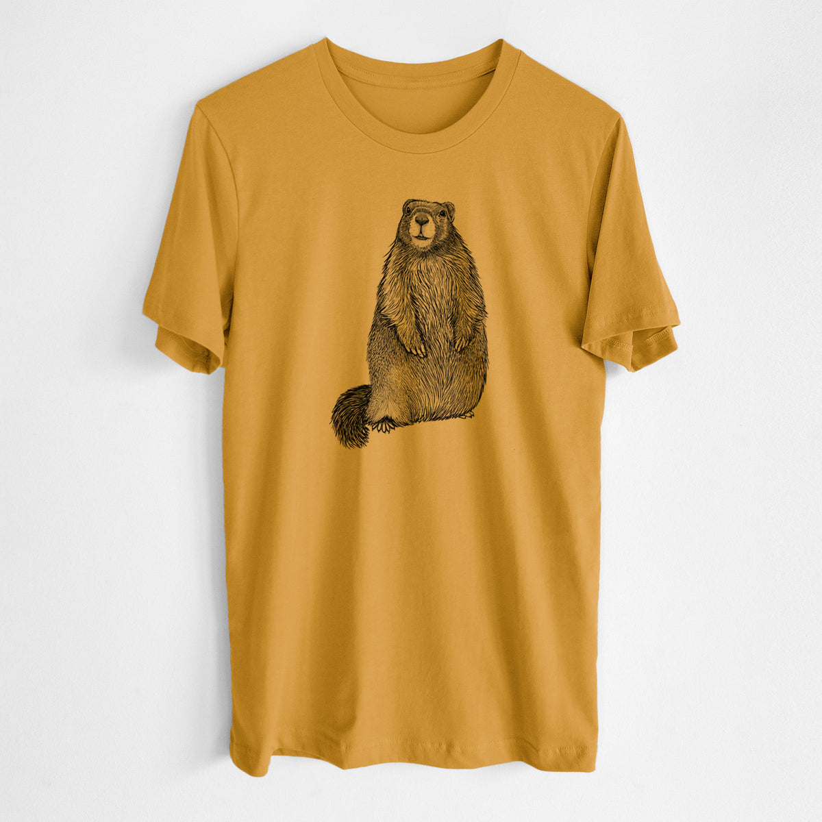 Honeycomb yellow lightweight cotton t-shirt laid flat, printed with a detailed black ink illustration of a marmot standing upright.