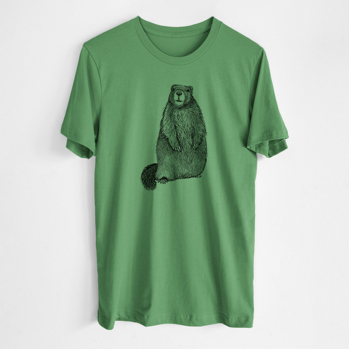 Leaf green lightweight cotton t-shirt laid flat, printed with a detailed black ink illustration of a marmot standing upright.