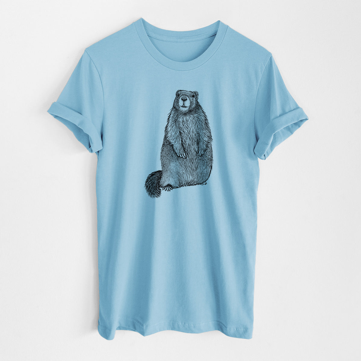 Ocean blue lightweight cotton t-shirt laid flat, printed with a detailed black ink illustration of a marmot standing upright.