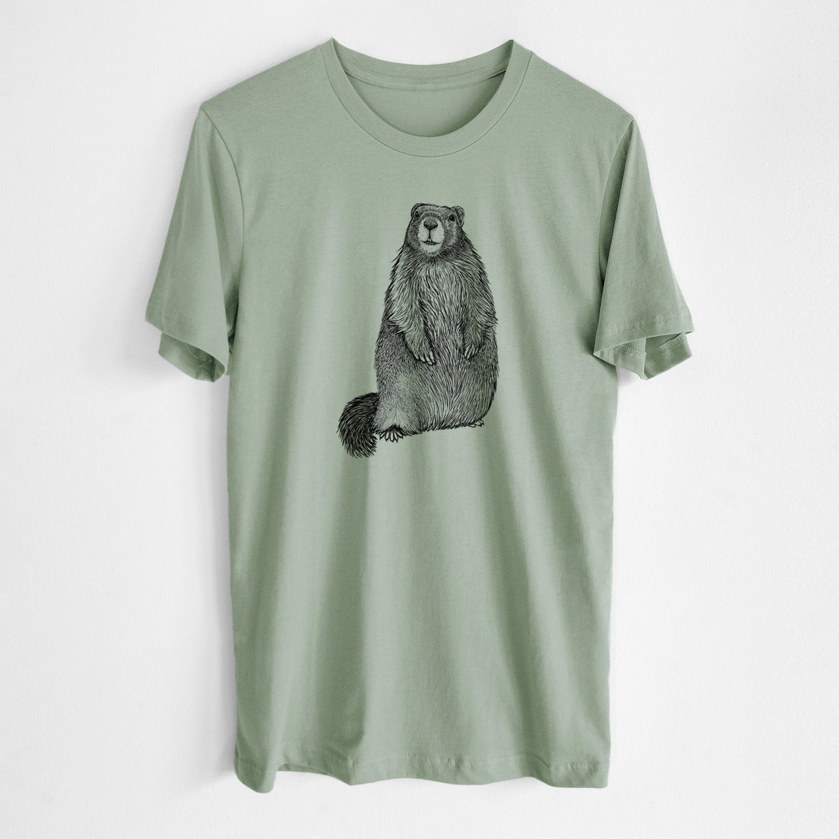 Sage green lightweight cotton t-shirt laid flat, printed with a detailed black ink illustration of a marmot standing upright.