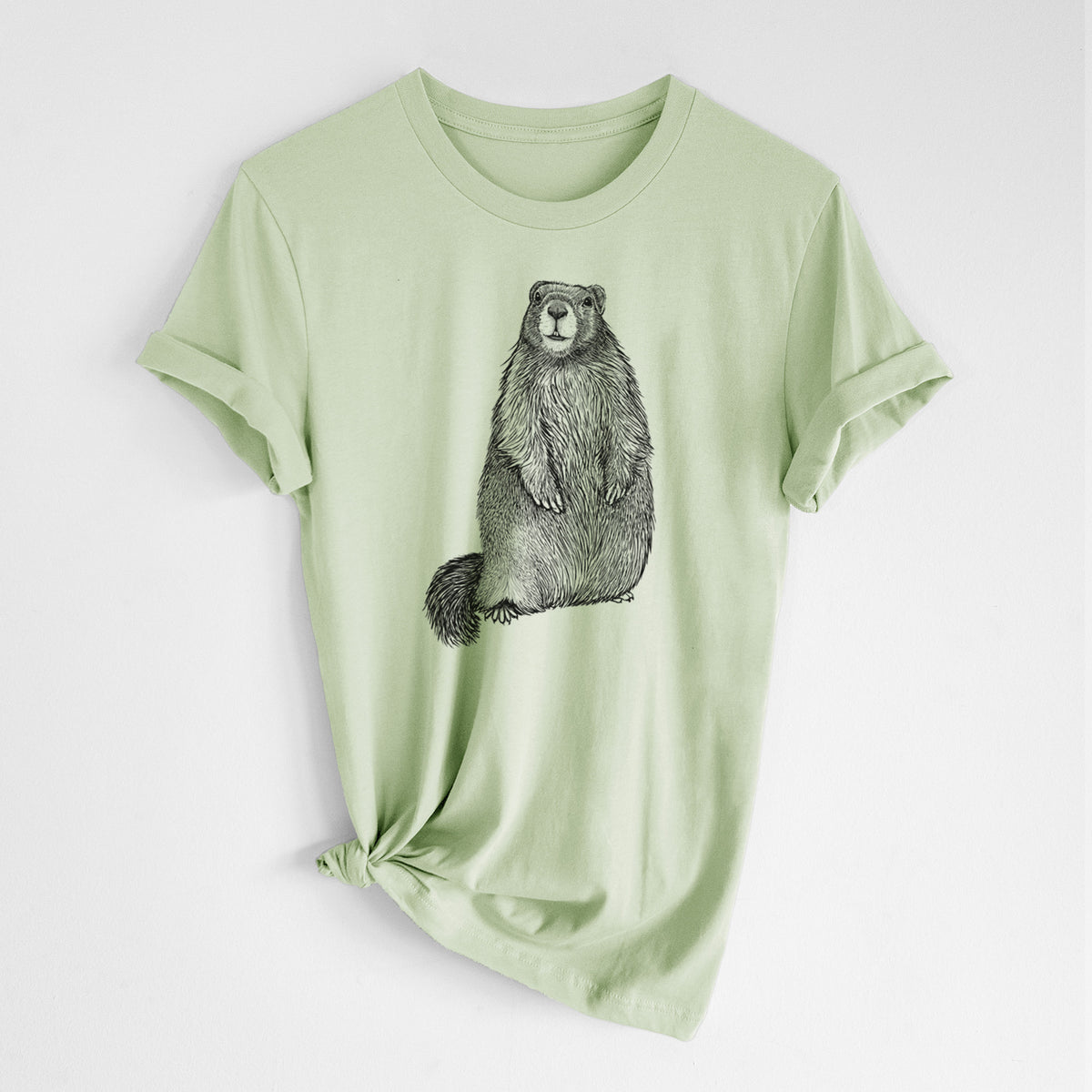 Spring green lightweight cotton t-shirt laid flat with the sleeves rolled, printed with a detailed black ink illustration of a marmot standing upright.